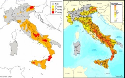 Sicurezza sismica delle strutture prefabbricate: le mappe con la classificazione sismica del territorio italiano nel 1984 (a sinistra) e nel 2012 (a destra)