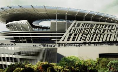 Suggestioni imperiali. Il nuovo stadio della Roma sarà ispirato al Colosseo con una struttura in vetro e acciaio e una copertura esterna in mattoni fluttuanti, come si può vedere da questo render