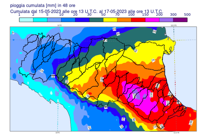 Perché c'è stata l'alluvione in Emilia-Romagna? Pioggia cumulata dal 15 al 17 maggio 2023 ARPAE