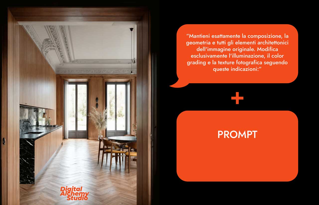 Architectural Prompting: post-produzione e coerenza, come non perdere il controllo in Nano Banana 1 Architectural Prompting: post-produzione e coerenza, come non perdere il controllo in Nano Banana 01 DigitalAlchemyStudio LightingInterior