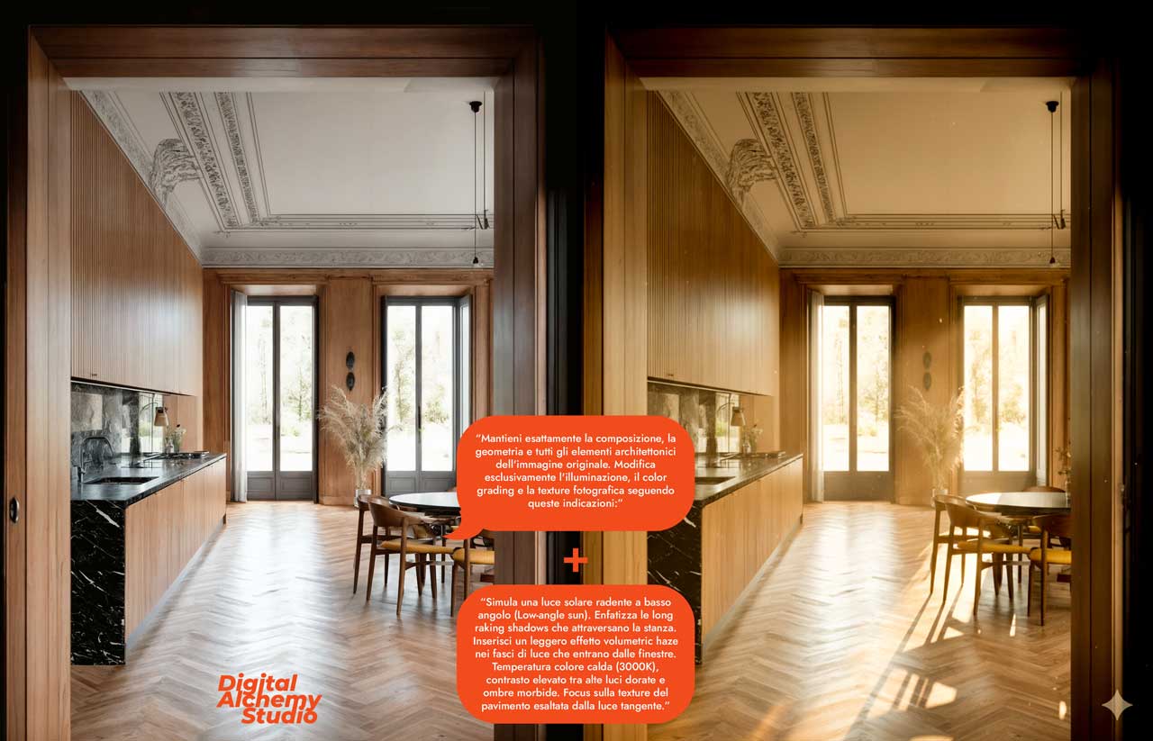 Architectural Prompting: post-produzione e coerenza, come non perdere il controllo in Nano Banana 3 Architectural Prompting: post-produzione e coerenza, come non perdere il controllo in Nano Banana 03 DigitalAlchemyStudio LightingInterior