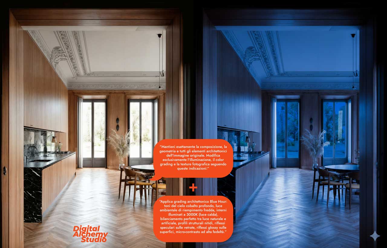 Architectural Prompting: post-produzione e coerenza, come non perdere il controllo in Nano Banana 4 Architectural Prompting: post-produzione e coerenza, come non perdere il controllo in Nano Banana 04 DigitalAlchemyStudio LightingInterior