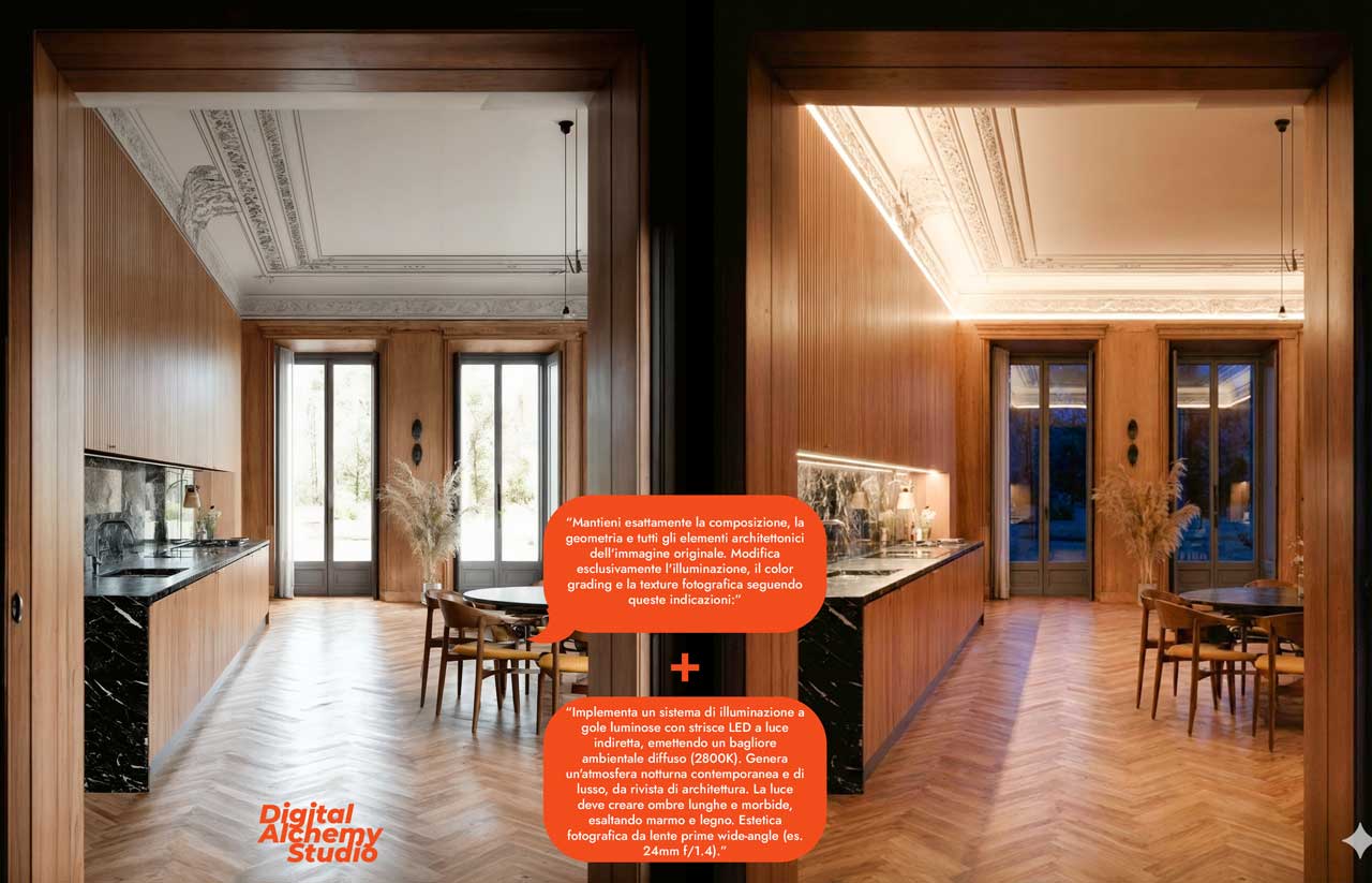Architectural Prompting: post-produzione e coerenza, come non perdere il controllo in Nano Banana 5 Architectural Prompting: post-produzione e coerenza, come non perdere il controllo in Nano Banana 05 DigitalAlchemyStudio LightingInterior
